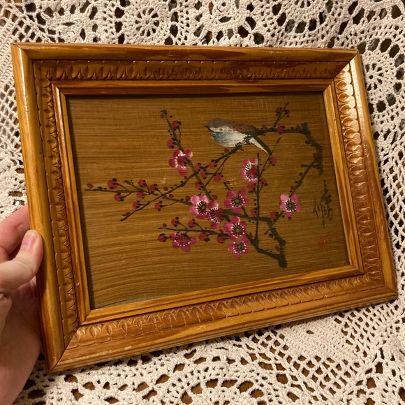 Vintage Bamboo Scroll Painted Bird with Tree Blossoms Teak Framed Wall Decor - Picture 3 of 17
